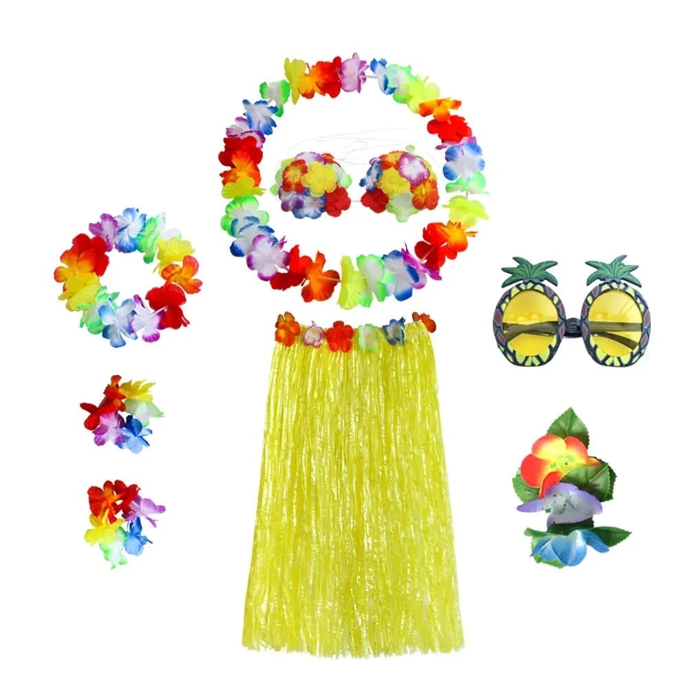 Set de costum asortat în două piese pentru Halloween, în stil hula hawaiian - top floral, fustă din iarbă, lei