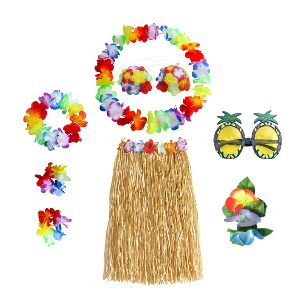 Set de costum asortat în două piese pentru Halloween, în stil hula hawaiian - top floral, fustă din iarbă, lei