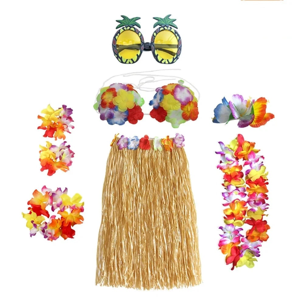 Set de costum asortat în două piese pentru Halloween, în stil hula hawaiian - top floral, fustă din iarbă, lei
