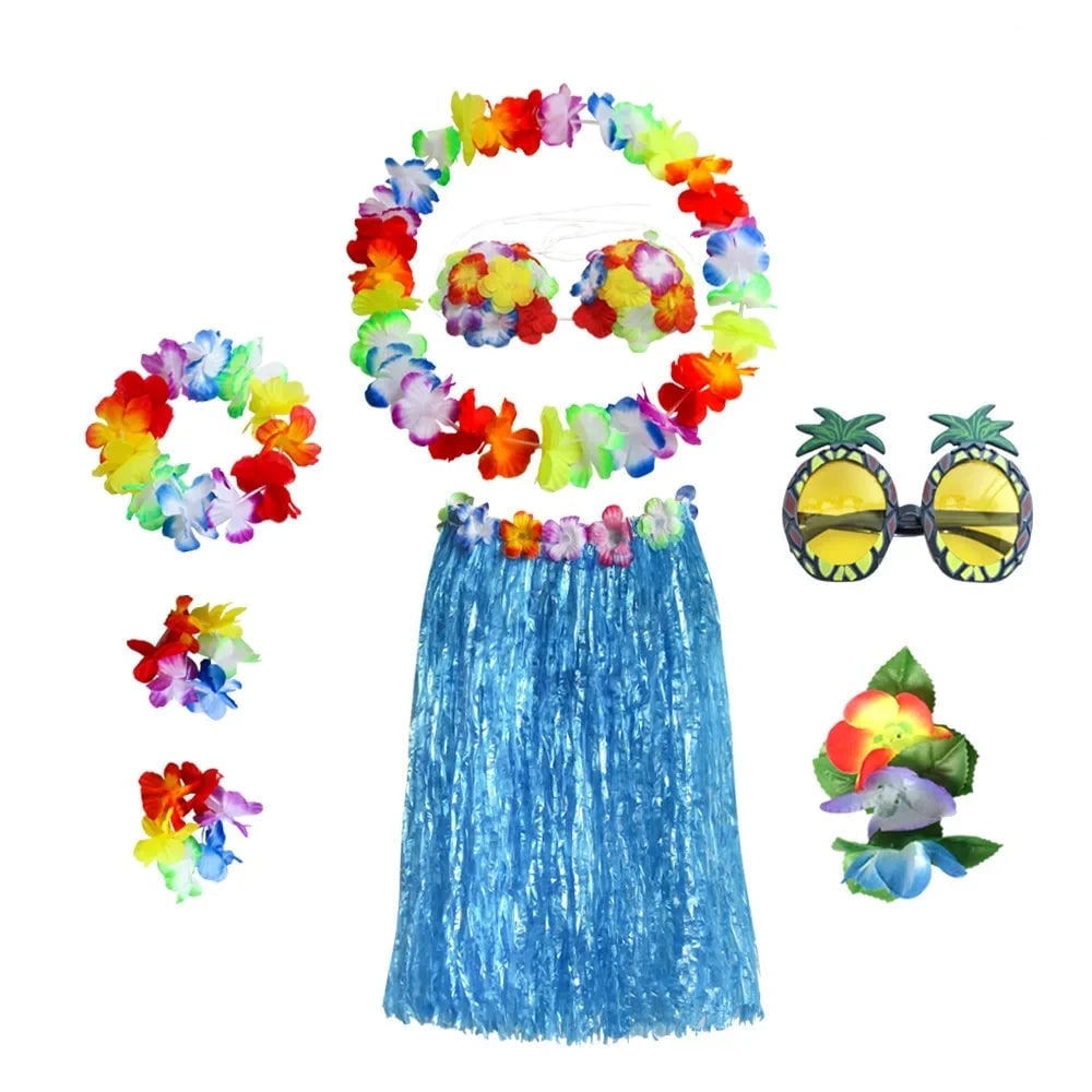 Set de costum asortat în două piese pentru Halloween, în stil hula hawaiian - top floral, fustă din iarbă, lei