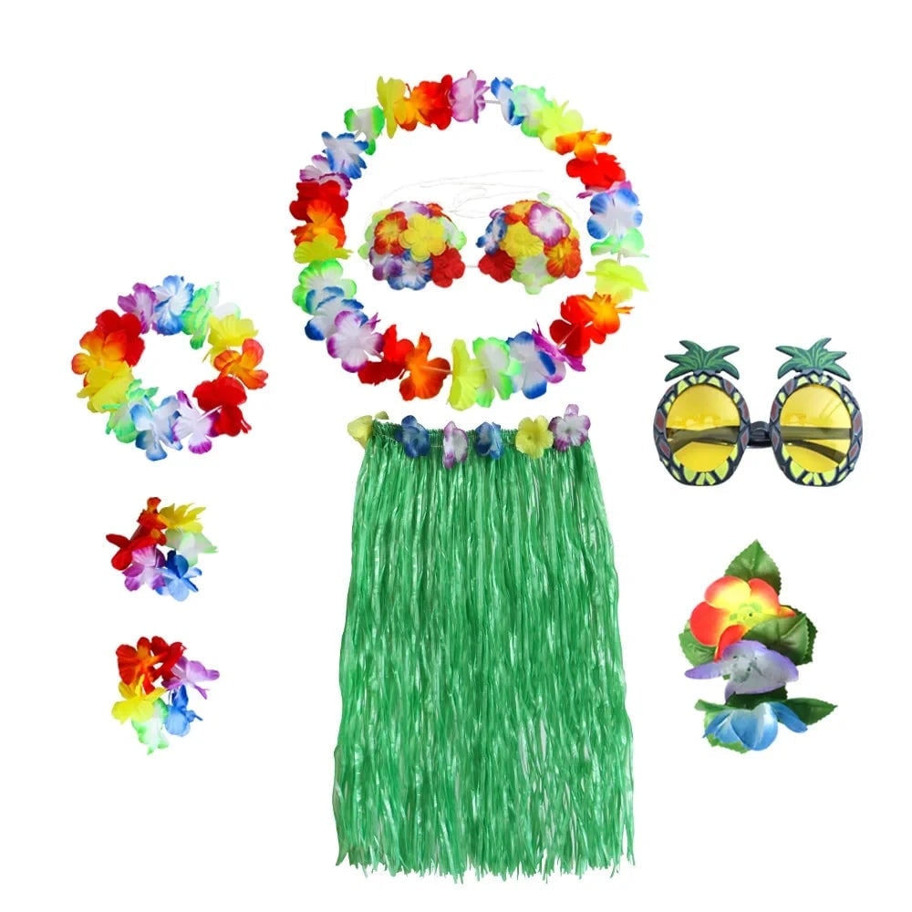 Set de costum asortat în două piese pentru Halloween, în stil hula hawaiian - top floral, fustă din iarbă, lei