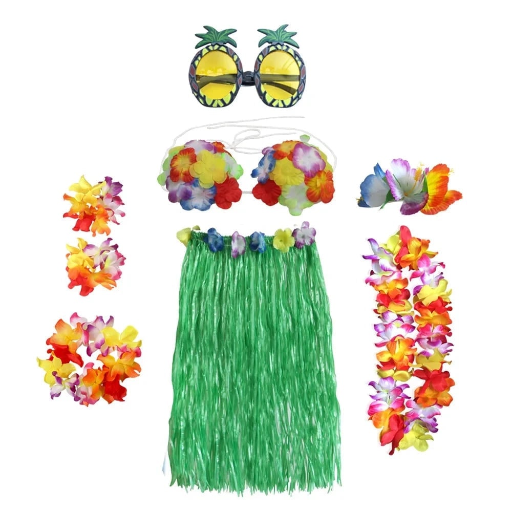 Set de costum asortat în două piese pentru Halloween, în stil hula hawaiian - top floral, fustă din iarbă, lei