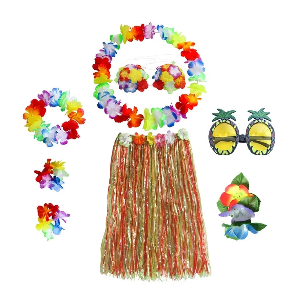 Set de costum asortat în două piese pentru Halloween, în stil hula hawaiian - top floral, fustă din iarbă, lei