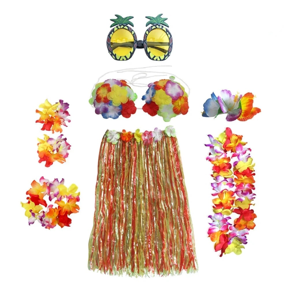 Set de costum asortat în două piese pentru Halloween, în stil hula hawaiian - top floral, fustă din iarbă, lei