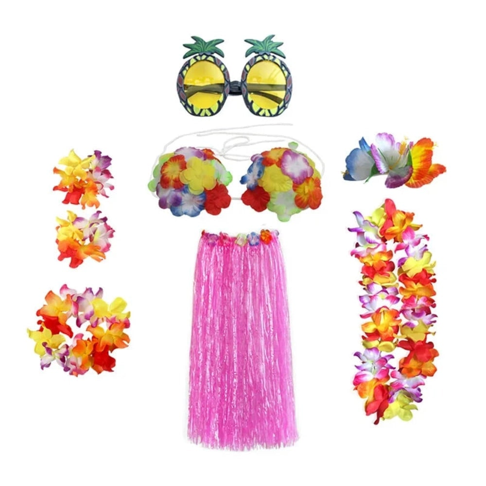 Set de costum asortat în două piese pentru Halloween, în stil hula hawaiian - top floral, fustă din iarbă, lei