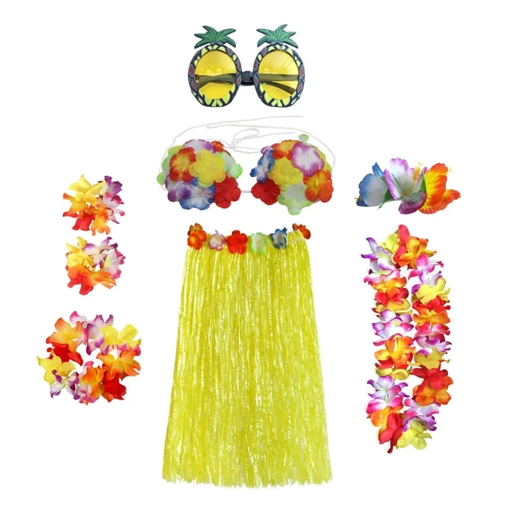 Set de costum asortat în două piese pentru Halloween, în stil hula hawaiian - top floral, fustă din iarbă, lei