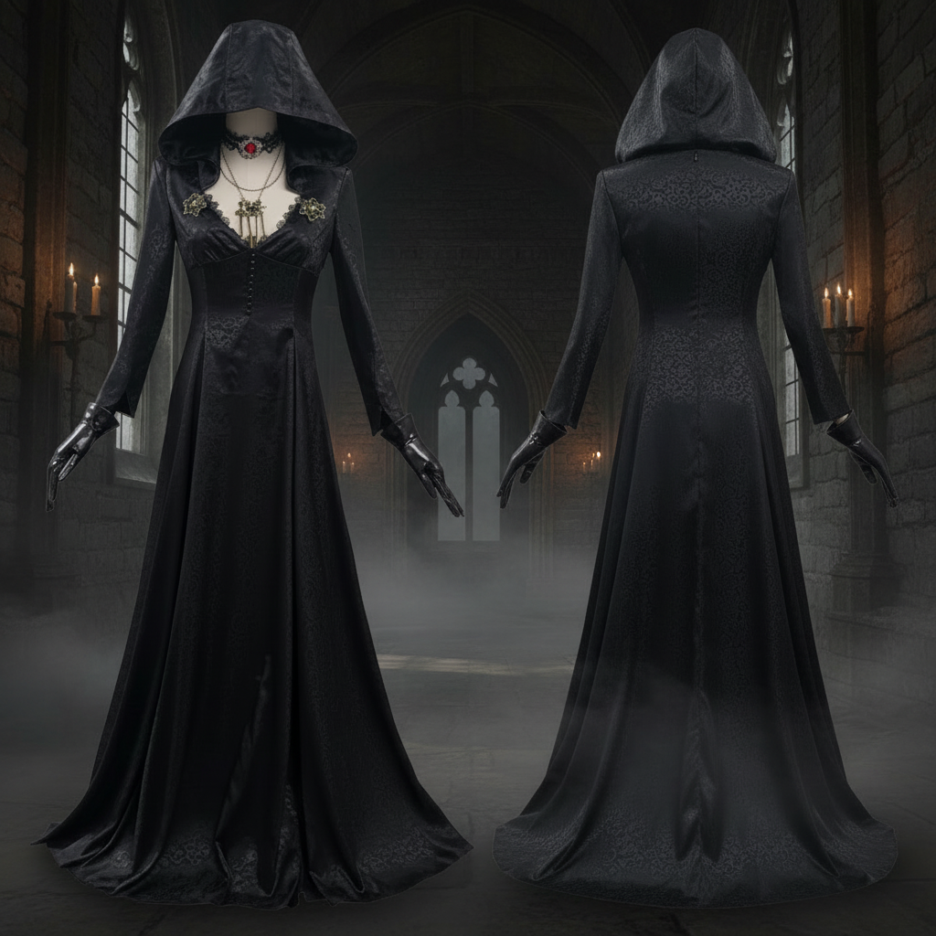 Gothic Vampire Halloween Dress — Complete Costume, Attached Hood, Detachable Choker