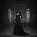 Gothic Vampire Costume: Fitted Hooded Black Dress With Lace Choker And Gloves