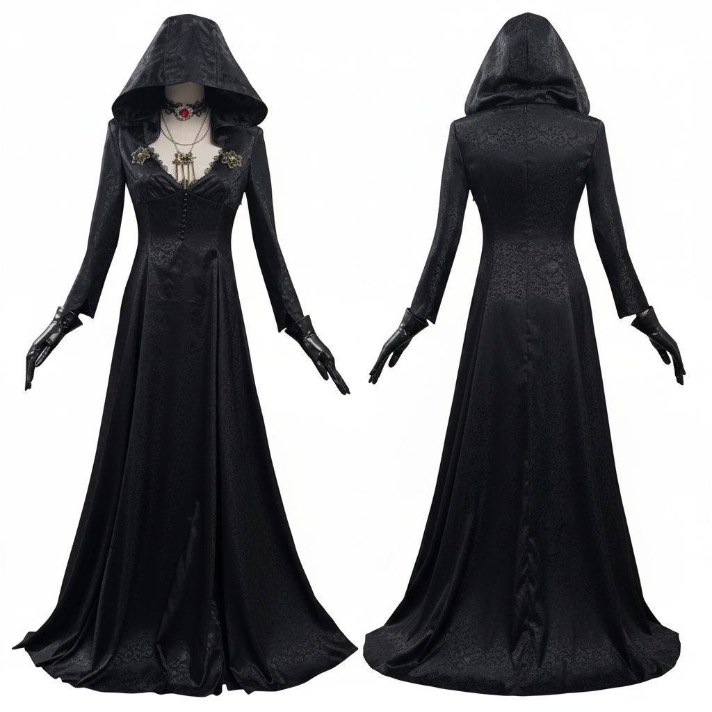 Gothic Vampire Costume: Fitted Hooded Black Dress With Lace Choker And Gloves