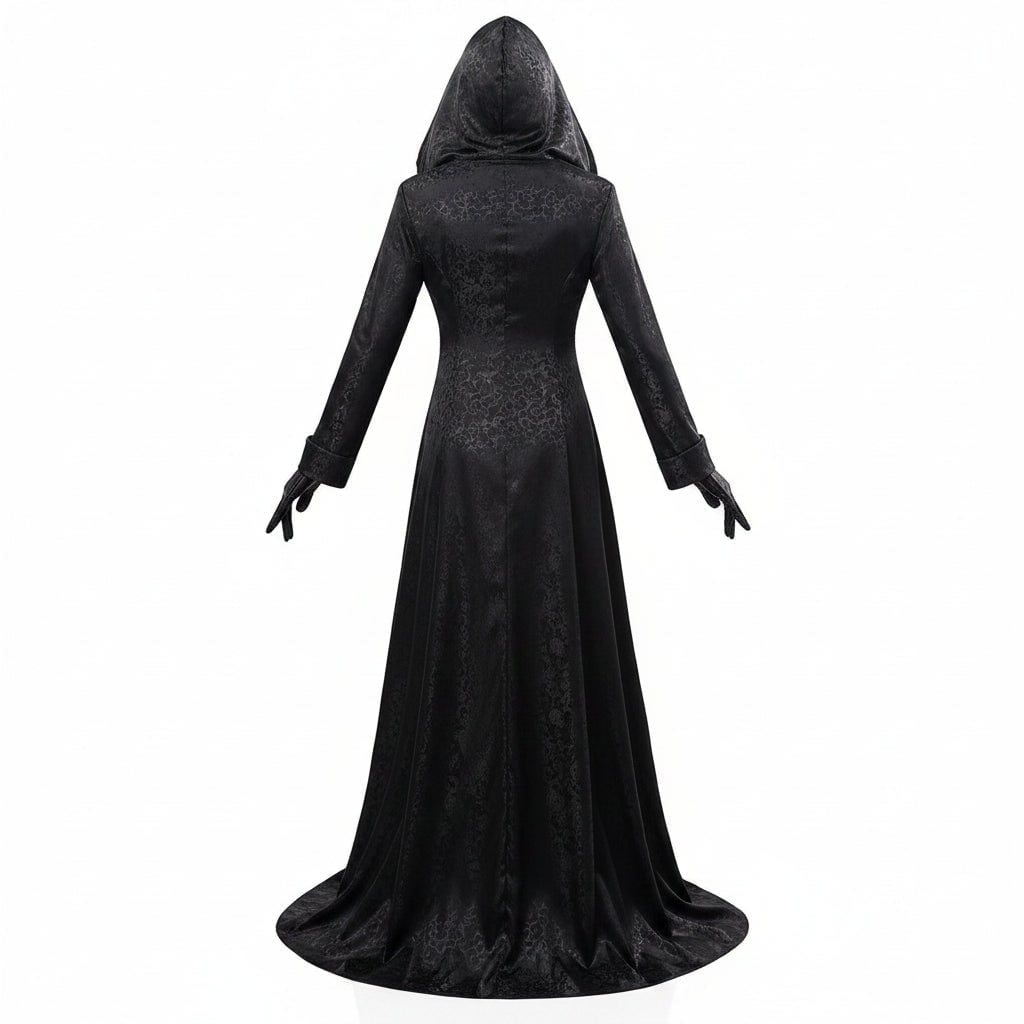 Gothic Vampire Costume: Fitted Hooded Black Dress With Lace Choker And Gloves