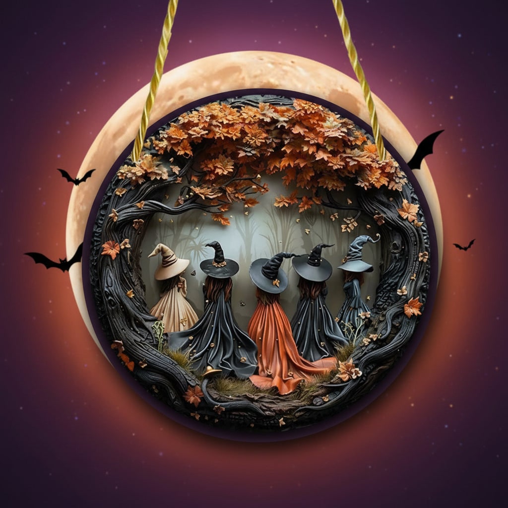 Circular 3D Witch Relief Halloween Wall Plaque Sculpted Autumn Leaves