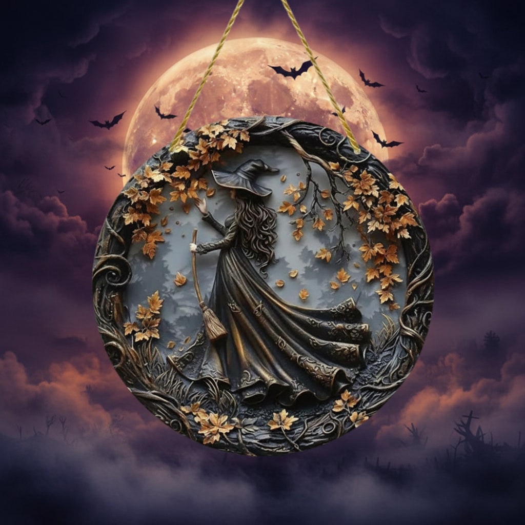 Circular 3D Witch Relief Halloween Wall Plaque Sculpted Autumn Leaves