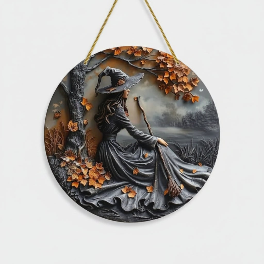Circular 3D Witch Relief Halloween Wall Plaque Sculpted Autumn Leaves