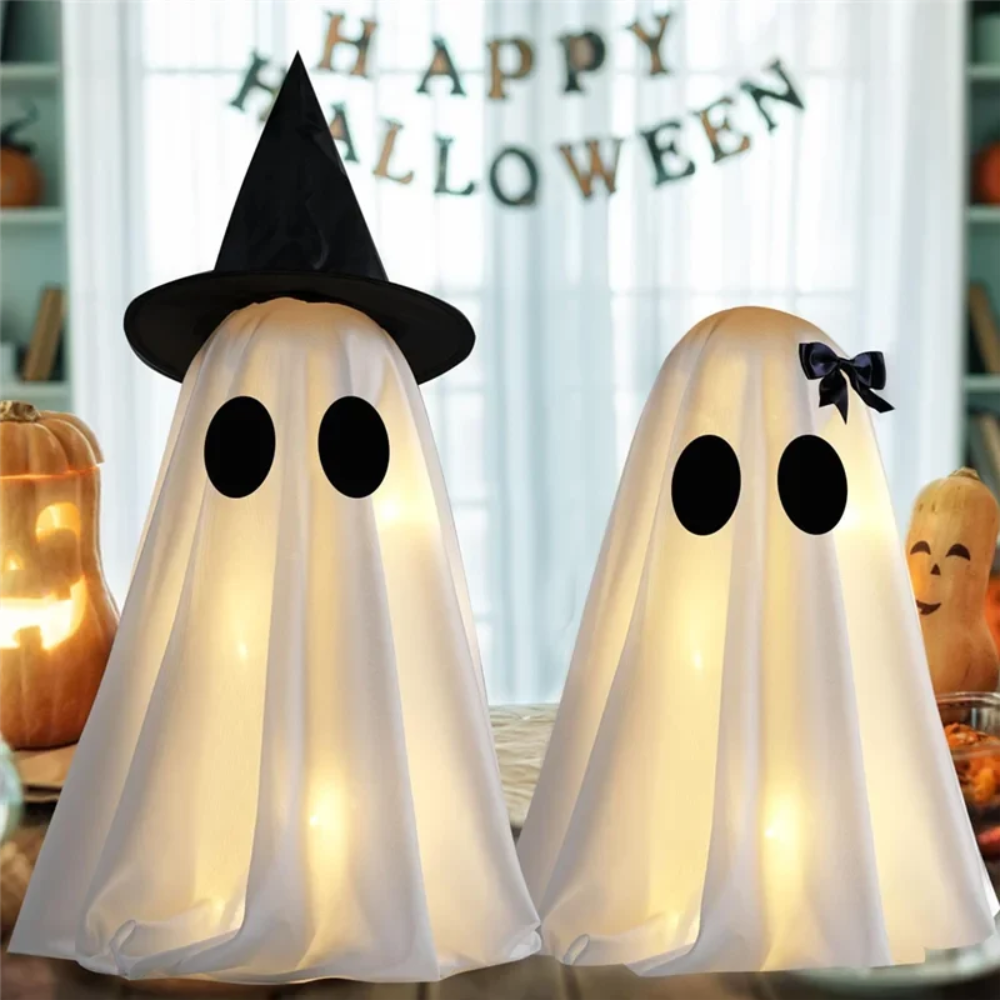 Nadmuchiwany zestaw duchów na Halloween - ciepłobiałe światła, zestaw dwóch figurek