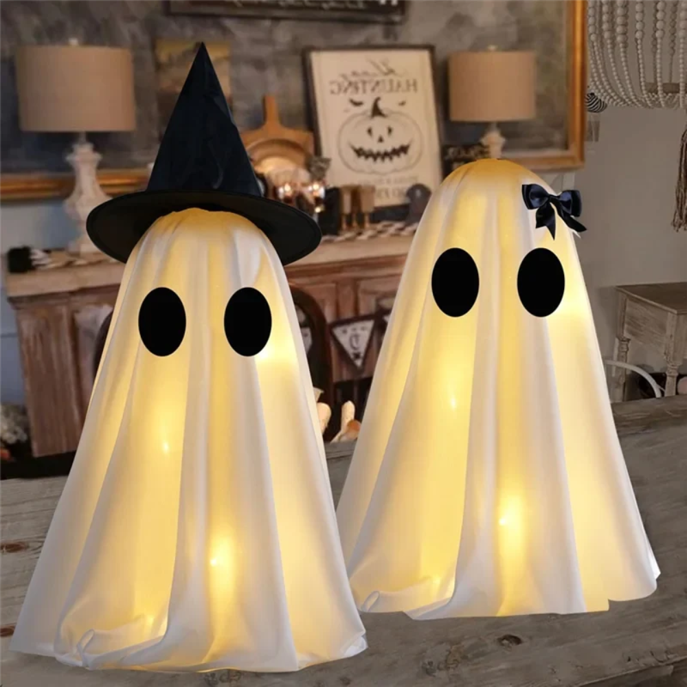 Nadmuchiwany zestaw duchów na Halloween - ciepłobiałe światła, zestaw dwóch figurek