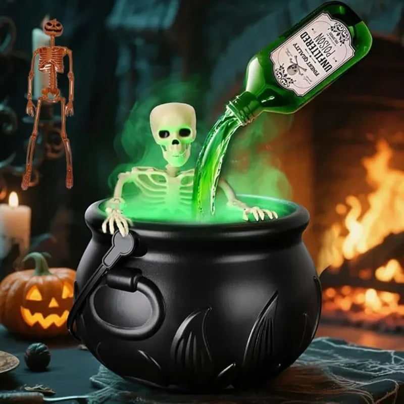 Caldero de bruja verde ultrasónico para Halloween, máquina de niebla con luces LED y botella flotante decorativa