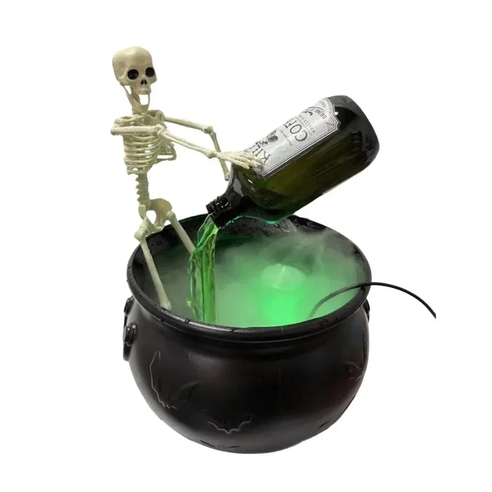 Caldero de bruja verde ultrasónico para Halloween, máquina de niebla con luces LED y botella flotante decorativa