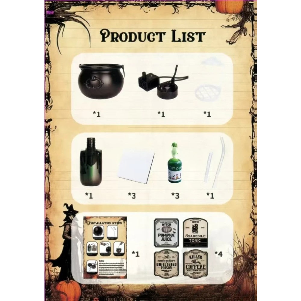 Caldero de bruja verde ultrasónico para Halloween, máquina de niebla con luces LED y botella flotante decorativa