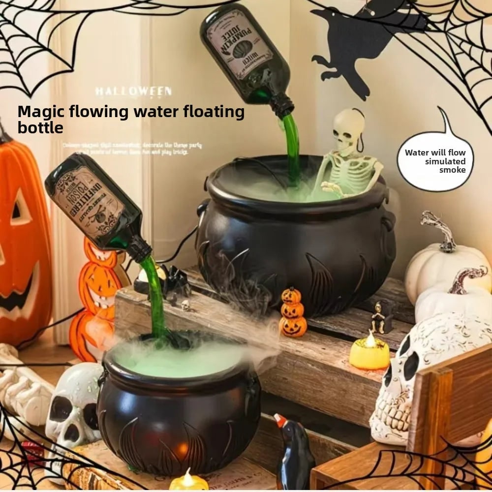 Caldero de bruja verde ultrasónico para Halloween, máquina de niebla con luces LED y botella flotante decorativa