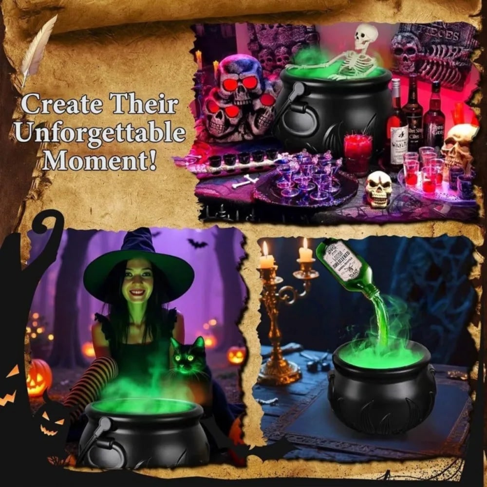 Caldero de bruja verde ultrasónico para Halloween, máquina de niebla con luces LED y botella flotante decorativa