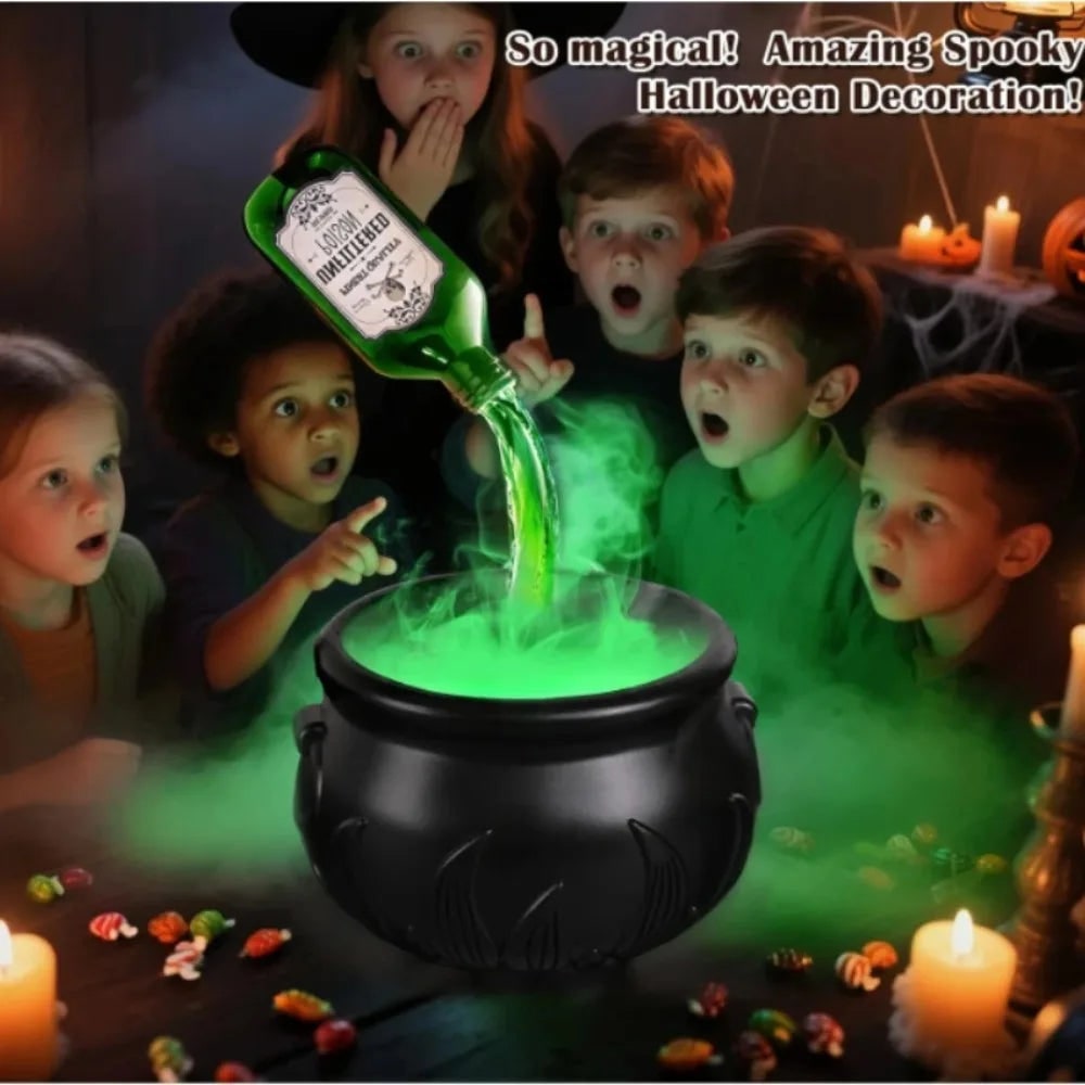 Caldero de bruja verde ultrasónico para Halloween, máquina de niebla con luces LED y botella flotante decorativa