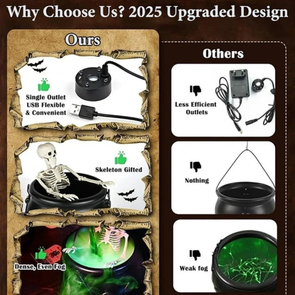 Caldero de bruja verde ultrasónico para Halloween, máquina de niebla con luces LED y botella flotante decorativa
