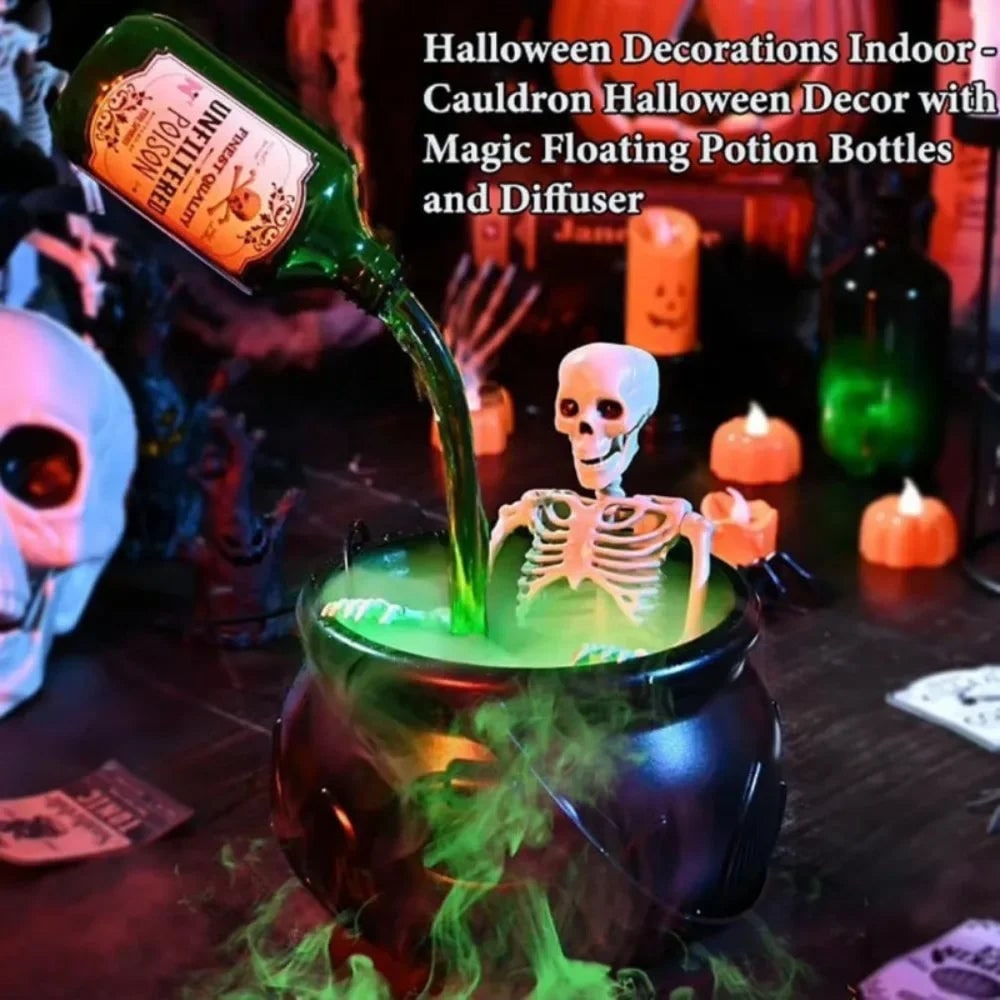 Caldero de bruja verde ultrasónico para Halloween, máquina de niebla con luces LED y botella flotante decorativa