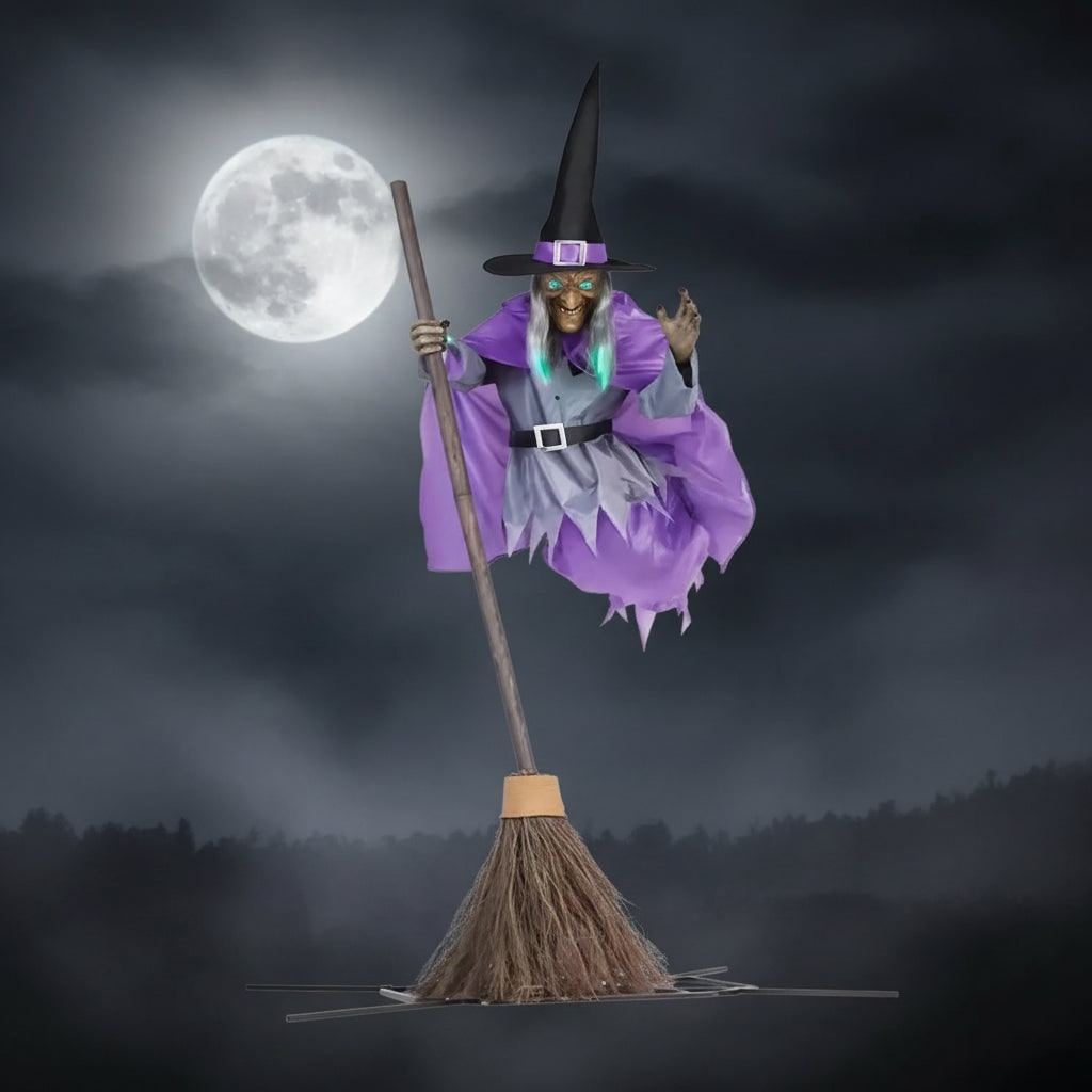 等身大空飛ぶ魔女ハロウィンプロップ、光る目、ほうき、大型屋外デコレーション