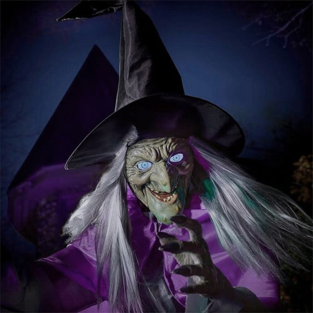 等身大空飛ぶ魔女ハロウィンプロップ、光る目、ほうき、大型屋外デコレーション