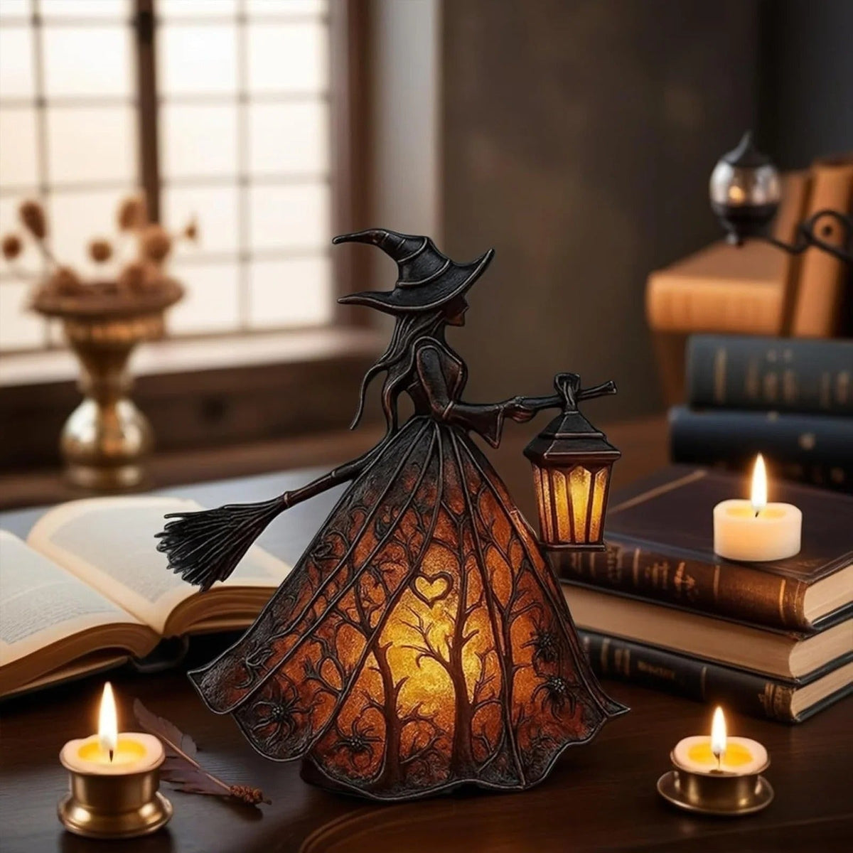 Decoración de bruja de Halloween — figura de farol LED de brillo cálido