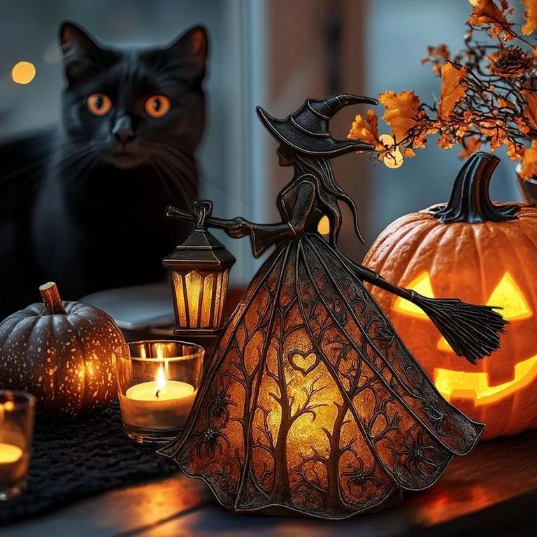 Decoración de bruja de Halloween — figura de farol LED de brillo cálido