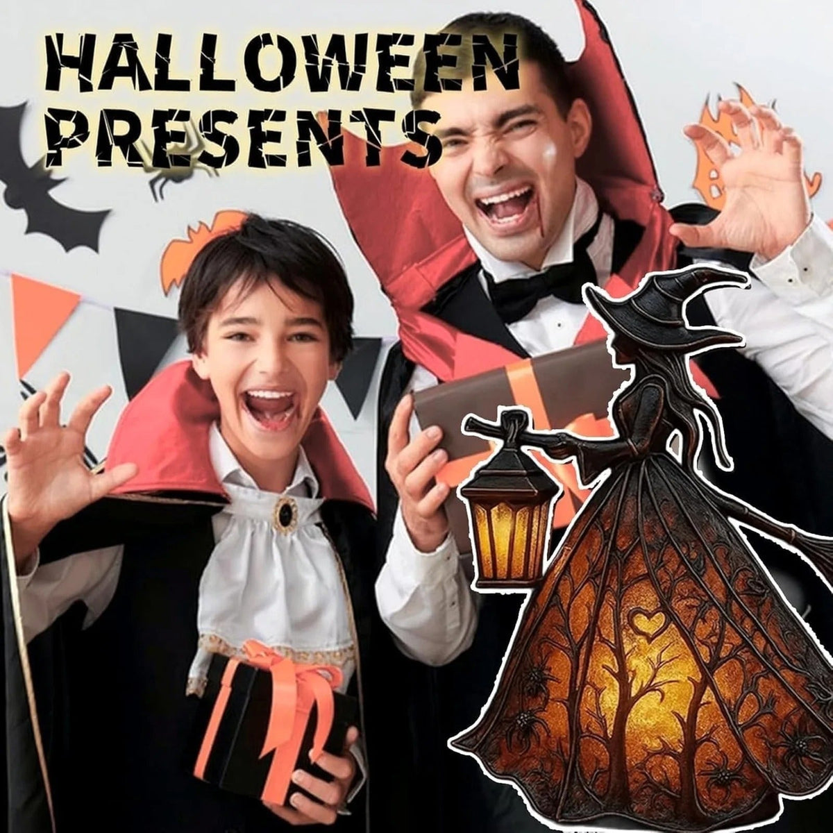 Decoración de bruja de Halloween — figura de farol LED de brillo cálido