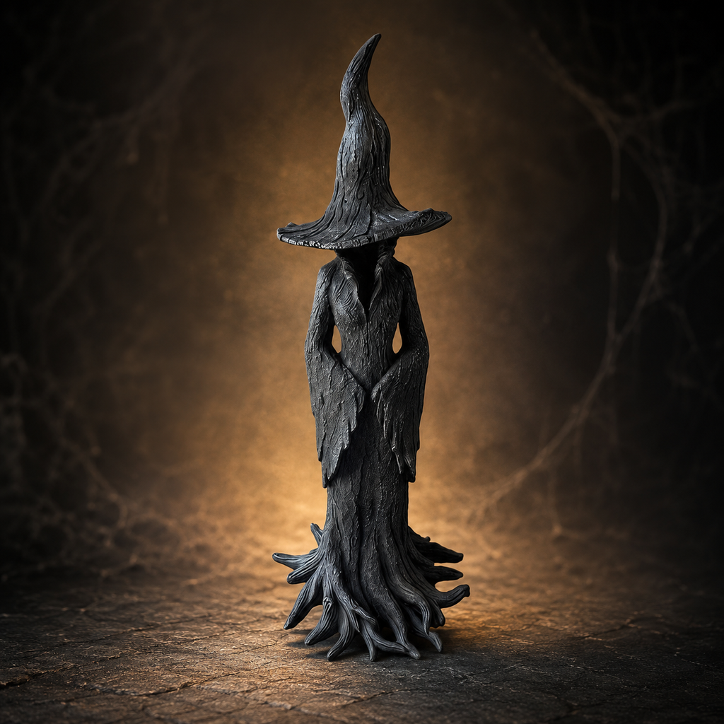 Gothic-Halloween-Hexenfigur mit dunkelgrauer Oberfläche und strukturierter Rindenwurzel-Basis