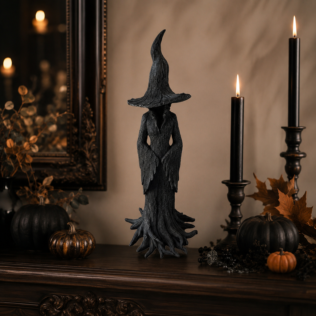 Gothic-Halloween-Hexenfigur mit dunkelgrauer Oberfläche und strukturierter Rindenwurzel-Basis