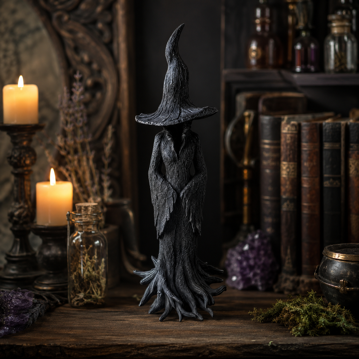 Figurine de sorcière gothique d’Halloween, finition gris foncé et base texturée en racines d’écorce