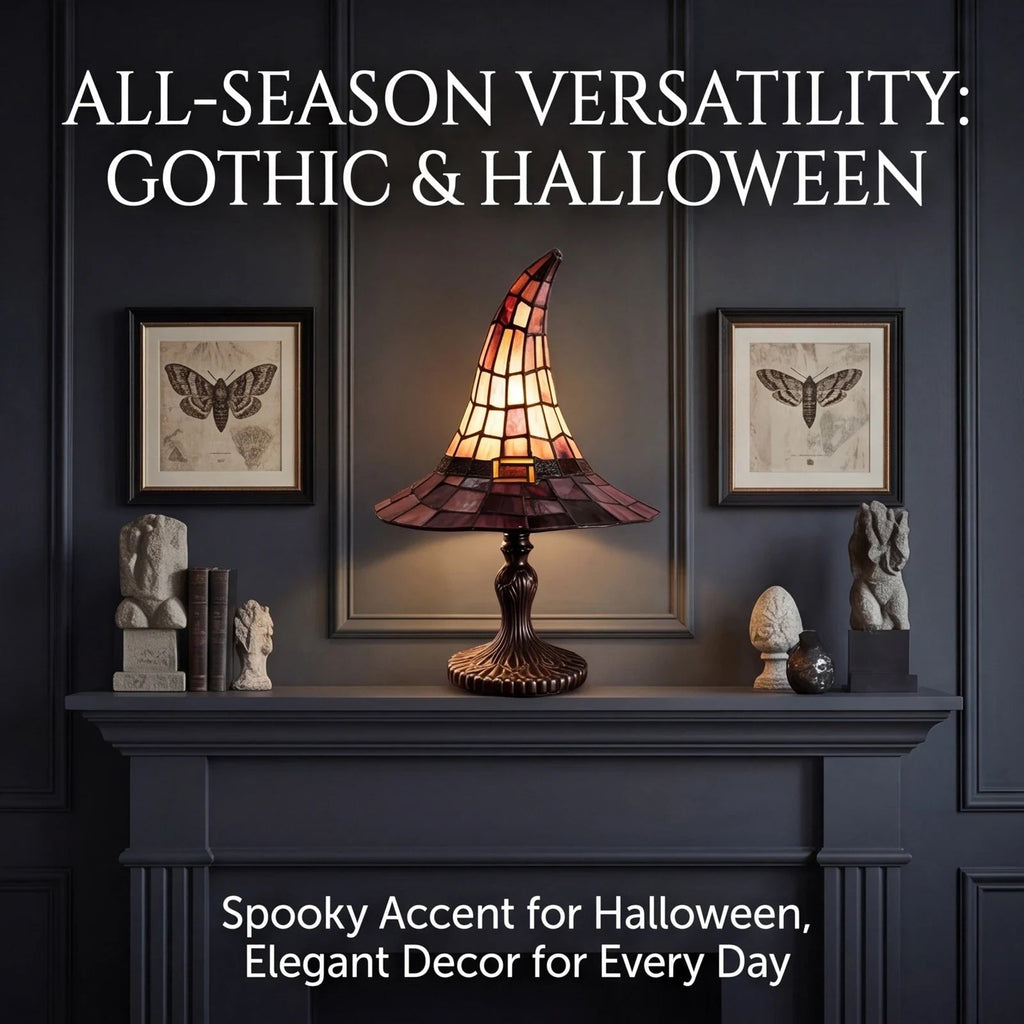 Halloween Tiffany stílusú boszorkánysapka asztali lámpa - USB-tápellátás, meleg fény, díszes talapzat