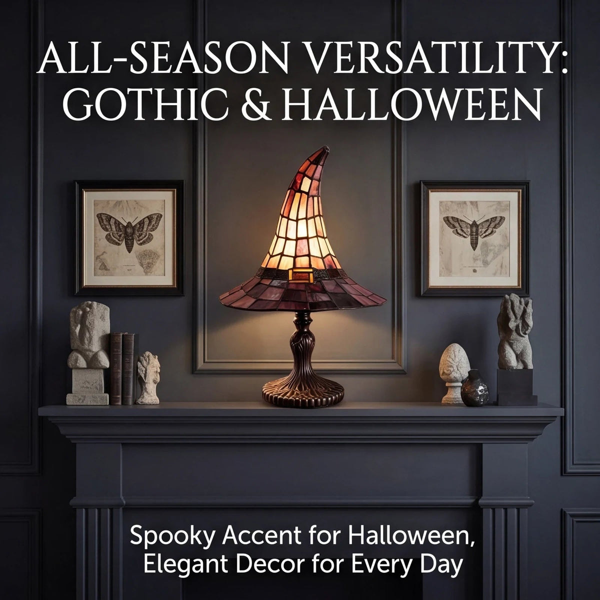 Halloween Tiffany stílusú boszorkánysapka asztali lámpa - USB-tápellátás, meleg fény, díszes talapzat