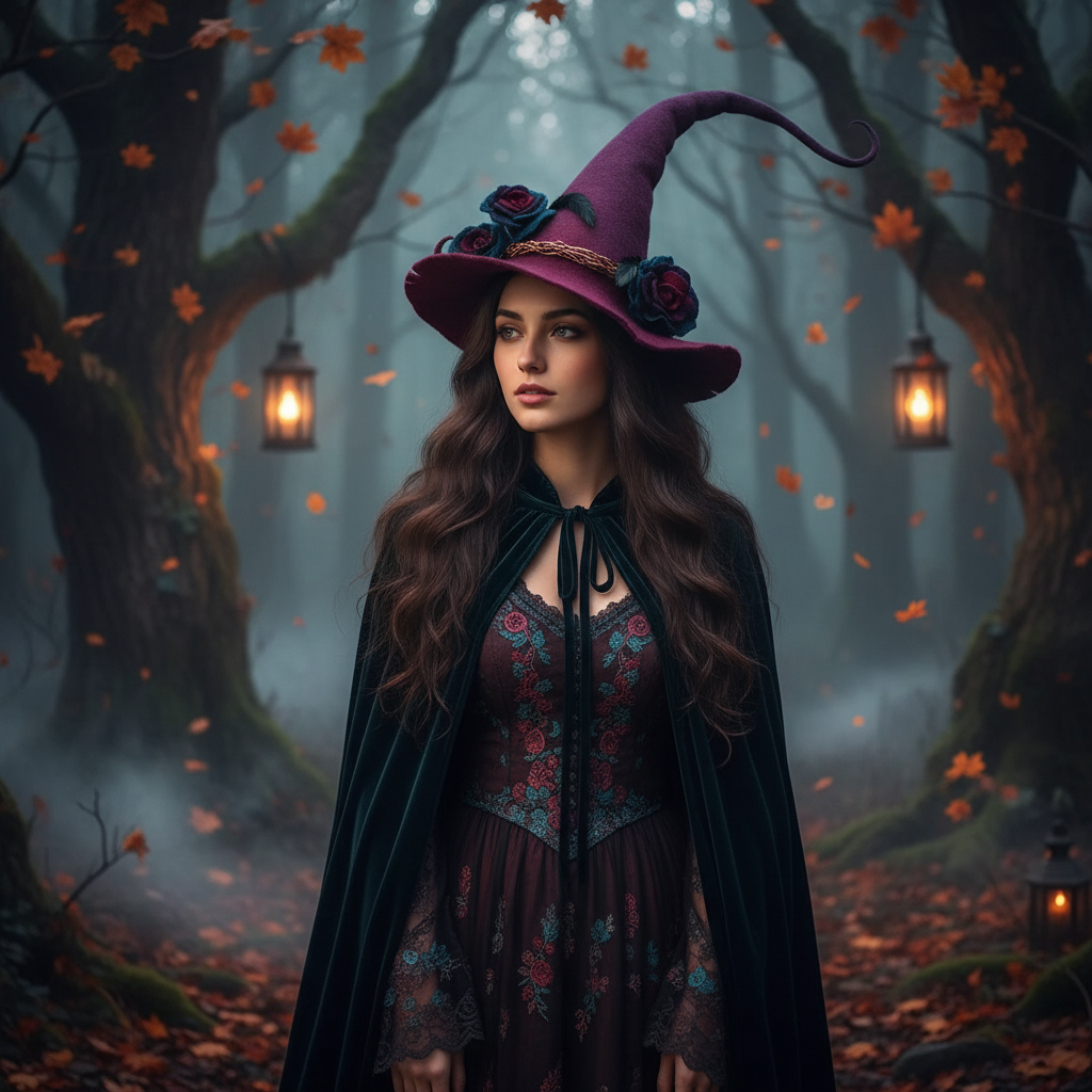 Pălărie decorată de vrăjitoare pentru Halloween, cu coroană ondulată fantezistă și bor larg, ondulat
