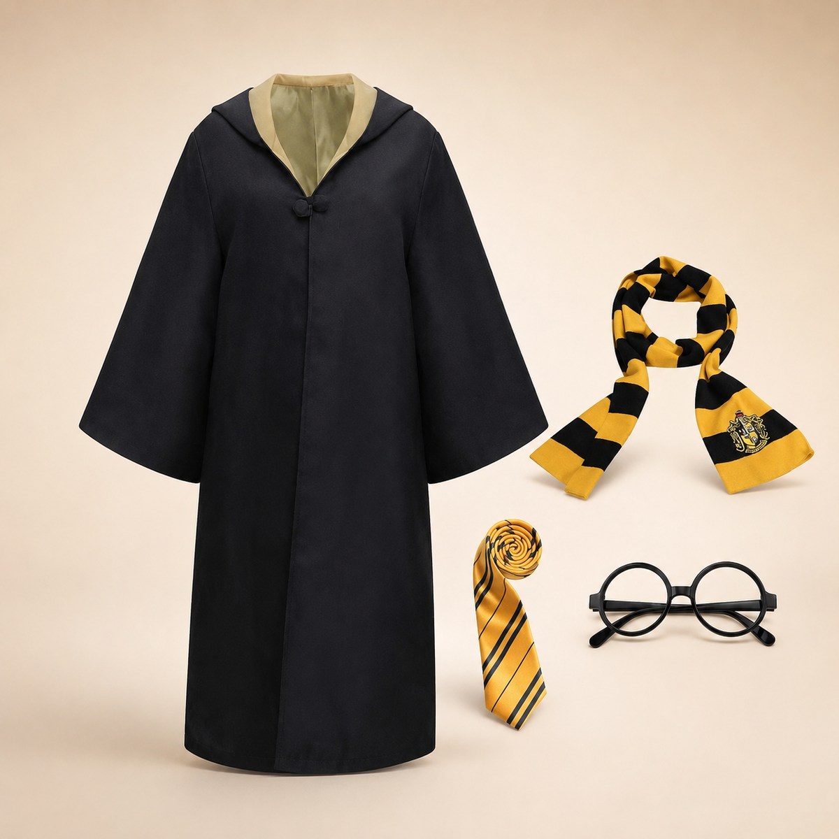 Set di costume da mago per Halloween - cappuccio incorporato, maniche a campana, chiusura a alamaro, sciarpa a righe