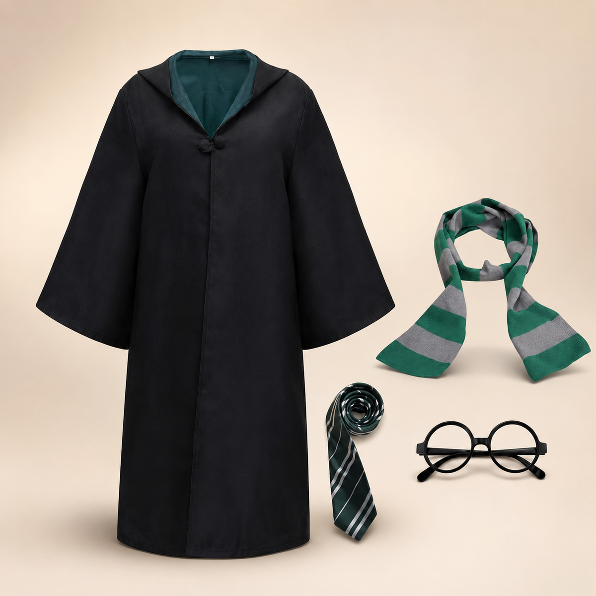 Set di costume da mago per Halloween - cappuccio incorporato, maniche a campana, chiusura a alamaro, sciarpa a righe