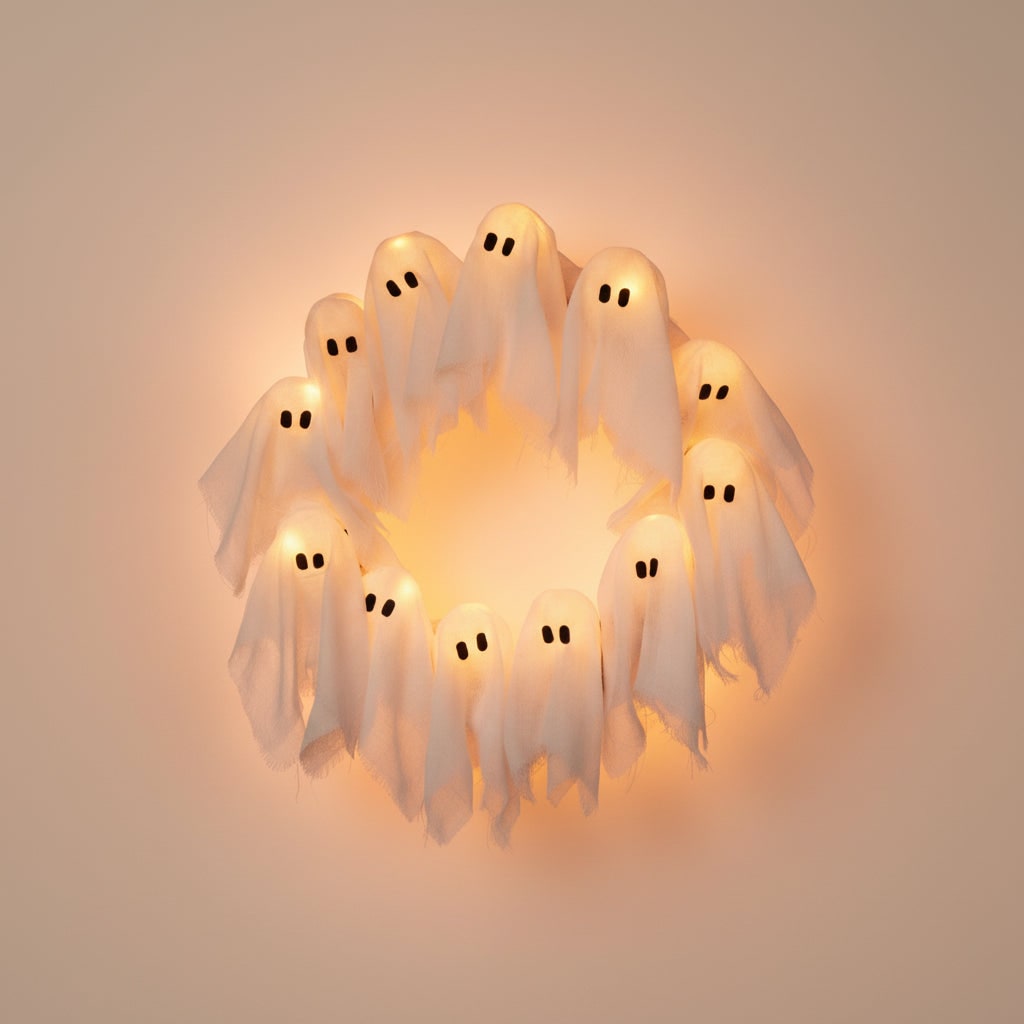 Halloweenowy wieniec z białej gazy - lampki LED w kształcie duchów, czarne owalne oczy