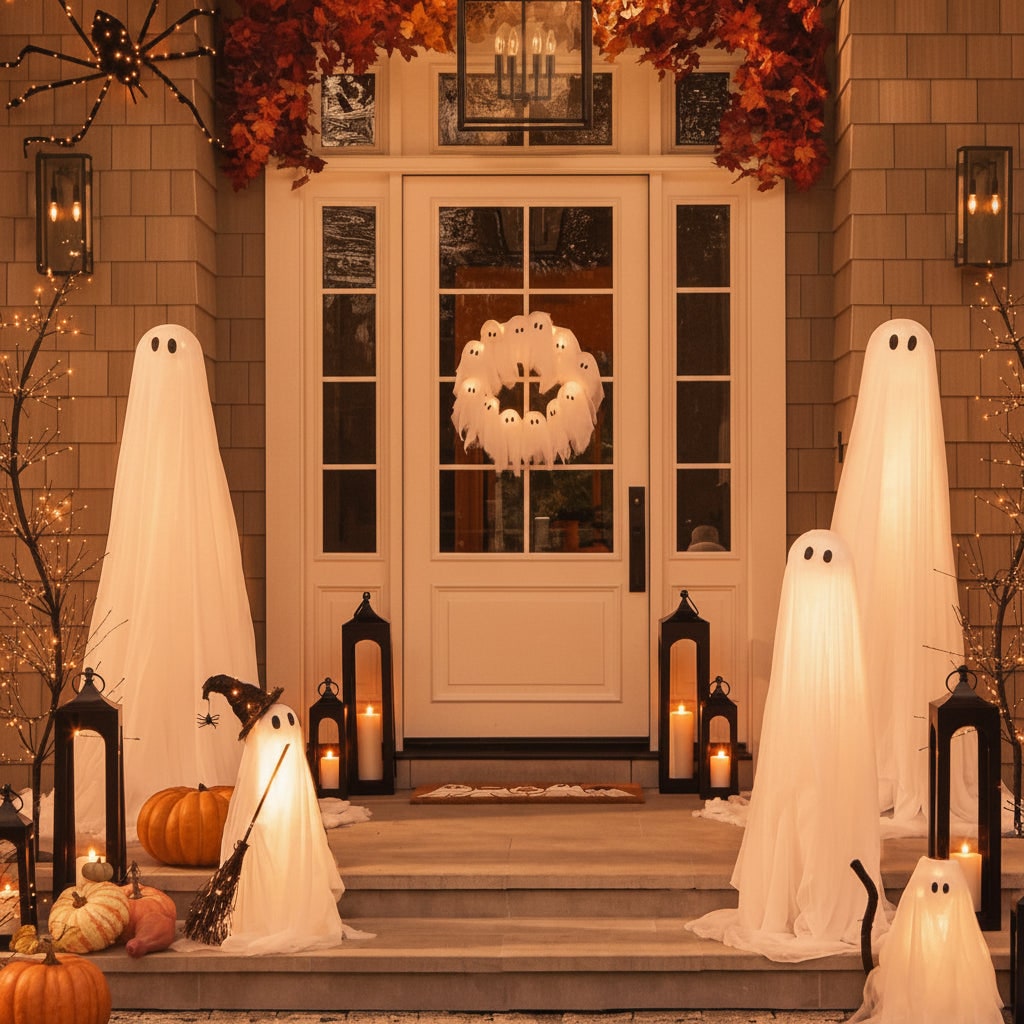 Halloweenowy wieniec z białej gazy - lampki LED w kształcie duchów, czarne owalne oczy