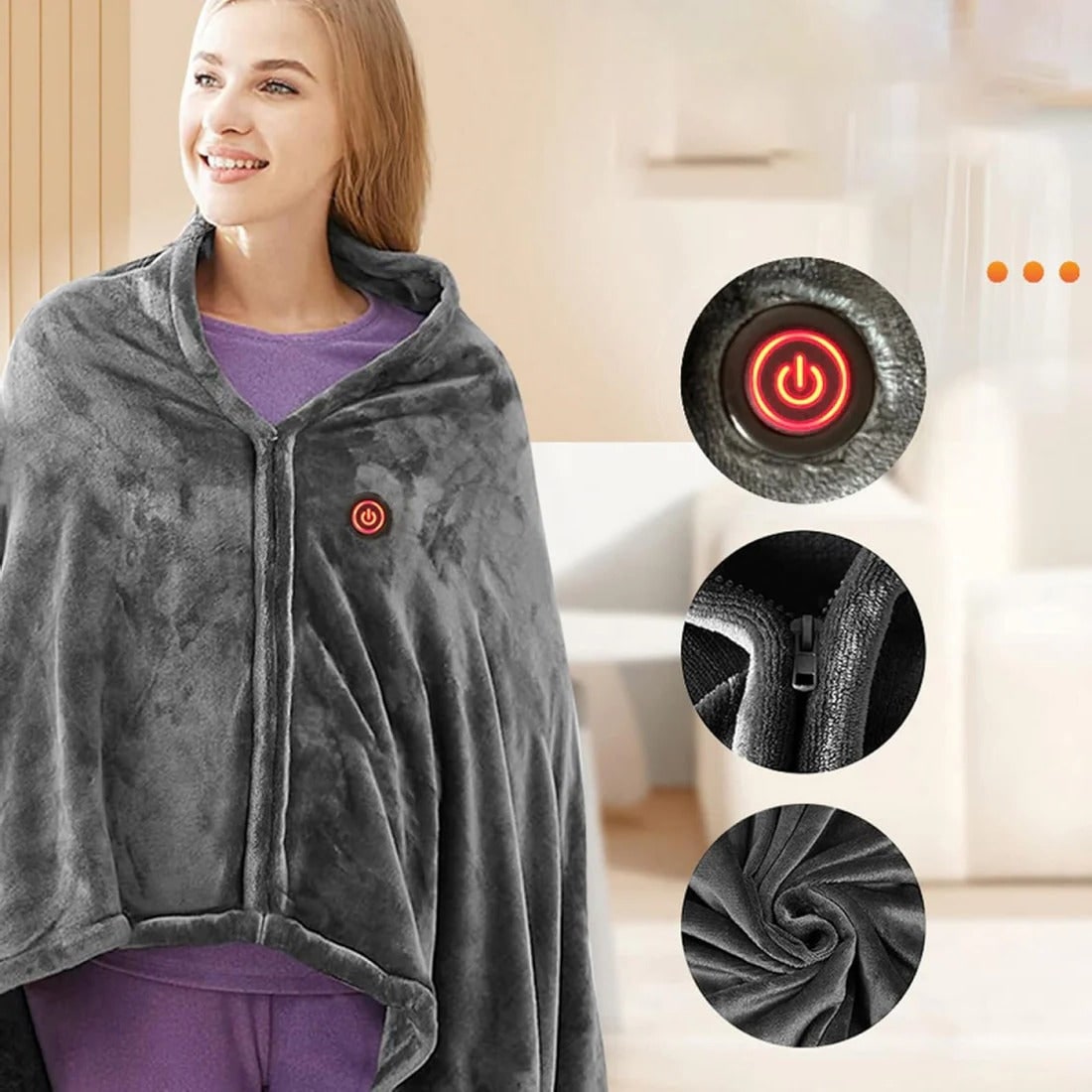 Capa eléctrica de forro polar portátil alimentada por USB, con cremallera superior, chal y manta