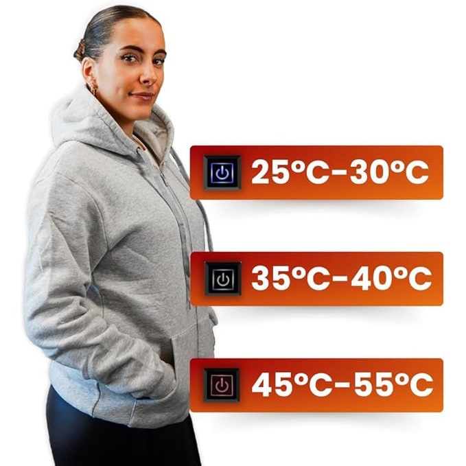 Giacca e felpa con cappuccio riscaldate alimentate tramite USB, zone di riscaldamento elettrico, cappuccio con coulisse