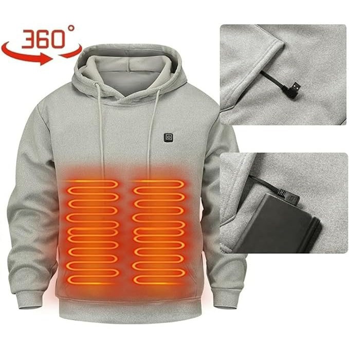 Giacca e felpa con cappuccio riscaldate alimentate tramite USB, zone di riscaldamento elettrico, cappuccio con coulisse