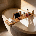 Expandable Bamboo Bath Caddy with Wine Glass Holder Adjustable Book Rest and Phone Stand for Bathtub Relaxation | ribuella