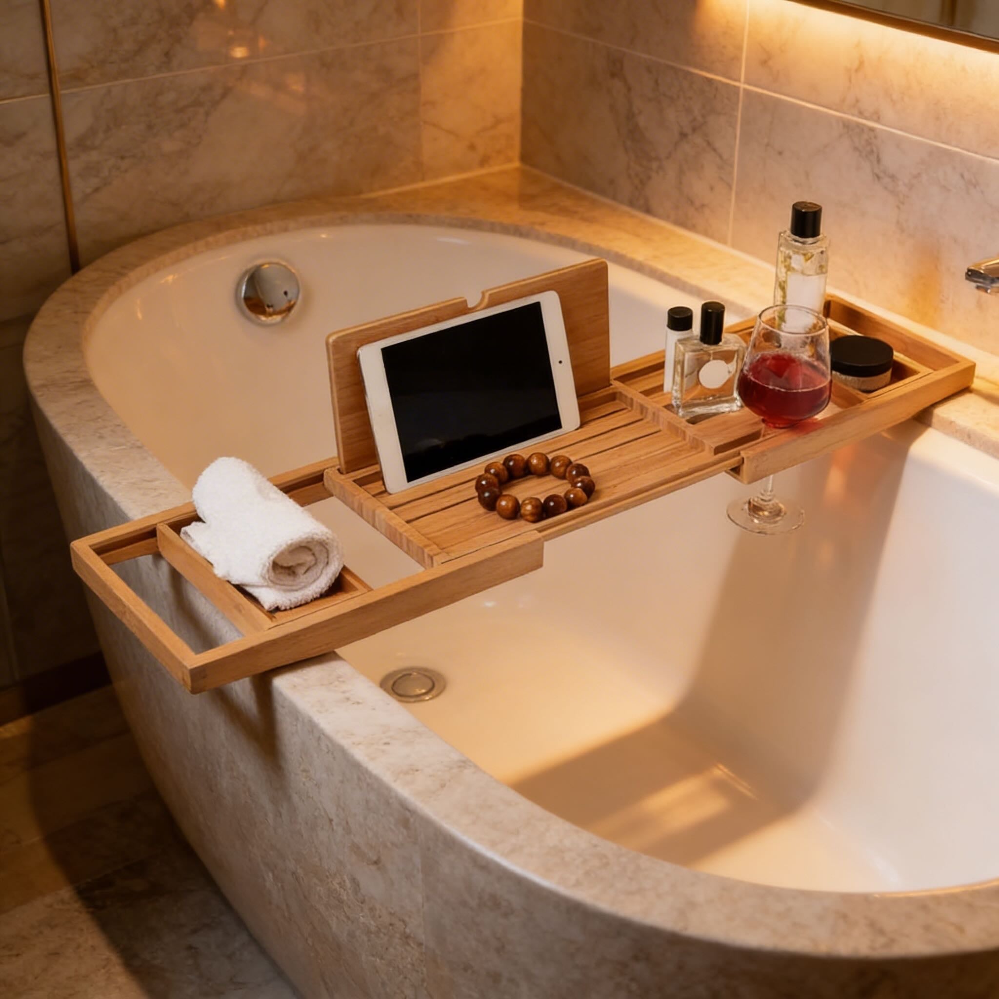 Expandable Bamboo Bath Caddy with Wine Glass Holder Adjustable Book Rest and Phone Stand for Bathtub Relaxation | ribuella