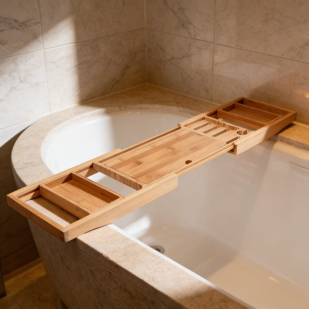 Expandable Bamboo Bath Caddy with Wine Glass Holder Adjustable Book Rest and Phone Stand for Bathtub Relaxation | ribuella