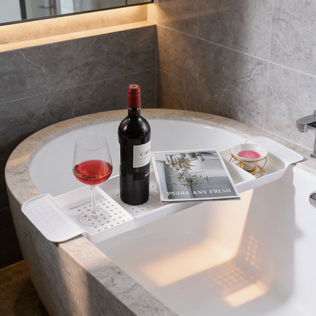 Adjustable Modern Bathtub Caddy Tray with Non-Slip Grip Made of Durable Plastic for Books Wine and Tablets | ribuella