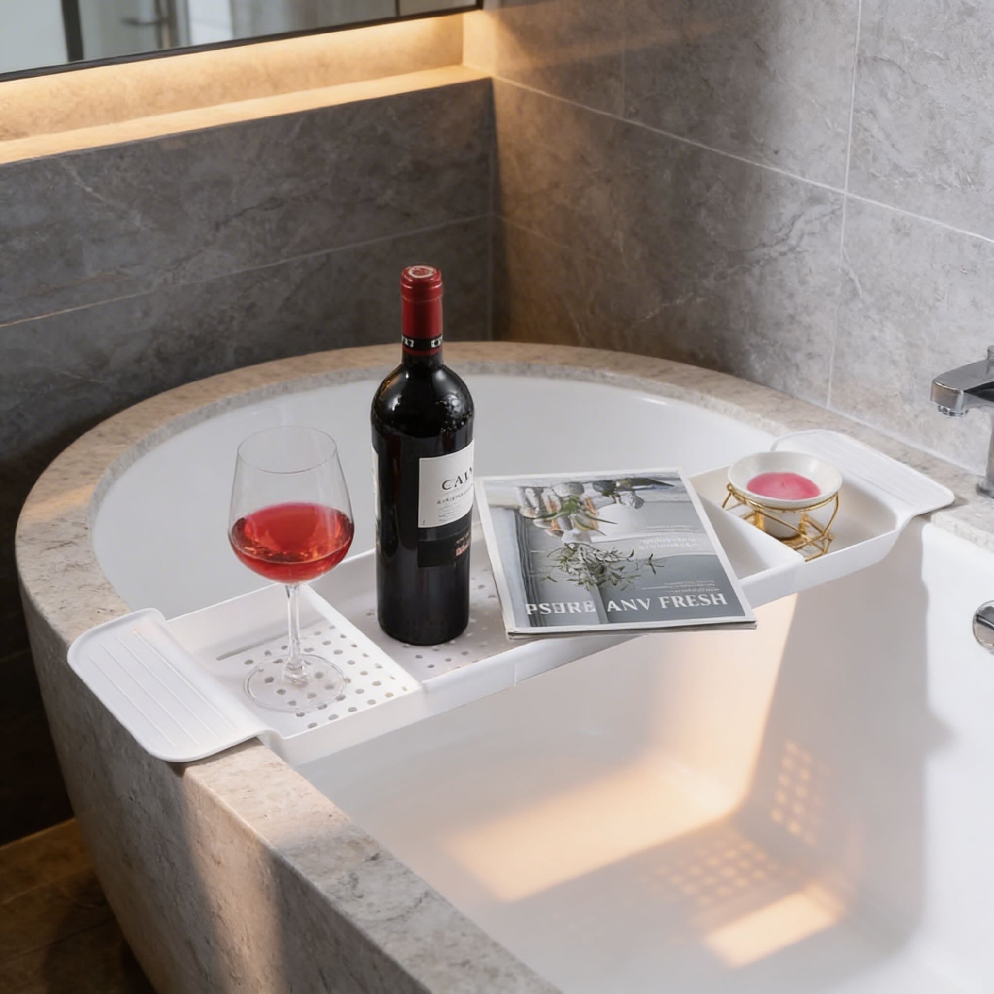 Adjustable Modern Bathtub Caddy Tray with Non-Slip Grip Made of Durable Plastic for Books Wine and Tablets | ribuella